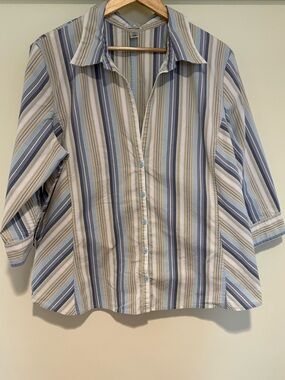 Old Navy Cotton Blend Blue Striped 3/4 Sleeve Button Shirt , xxl